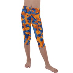 Blue And Orange Camouflage Pattern Kids  Lightweight Velour Capri Leggings  by SpinnyChairDesigns