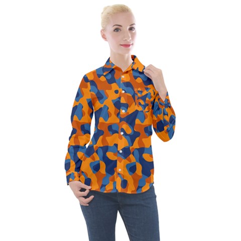 Blue And Orange Camouflage Pattern Women s Long Sleeve Pocket Shirt by SpinnyChairDesigns