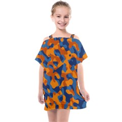 Blue And Orange Camouflage Pattern Kids  One Piece Chiffon Dress by SpinnyChairDesigns