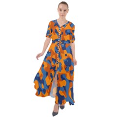 Blue And Orange Camouflage Pattern Waist Tie Boho Maxi Dress by SpinnyChairDesigns