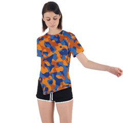 Blue And Orange Camouflage Pattern Asymmetrical Short Sleeve Sports Tee by SpinnyChairDesigns