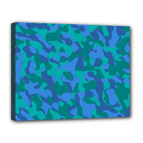 Blue Turquoise Teal Camouflage Pattern Canvas 14  X 11  (stretched) by SpinnyChairDesigns