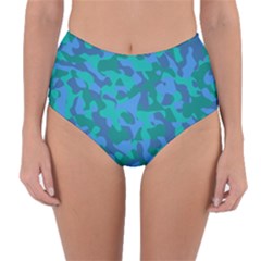 Blue Turquoise Teal Camouflage Pattern Reversible High-waist Bikini Bottoms by SpinnyChairDesigns