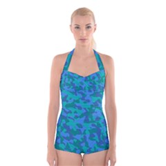 Blue Turquoise Teal Camouflage Pattern Boyleg Halter Swimsuit  by SpinnyChairDesigns