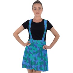 Blue Turquoise Teal Camouflage Pattern Velvet Suspender Skater Skirt by SpinnyChairDesigns