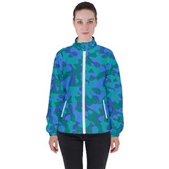 Blue Turquoise Teal Camouflage Pattern Women s High Neck Windbreaker by SpinnyChairDesigns