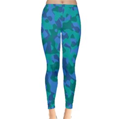 Blue Turquoise Teal Camouflage Pattern Inside Out Leggings by SpinnyChairDesigns