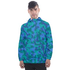 Blue Turquoise Teal Camouflage Pattern Men s Front Pocket Pullover Windbreaker by SpinnyChairDesigns