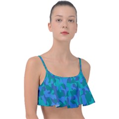 Blue Turquoise Teal Camouflage Pattern Frill Bikini Top by SpinnyChairDesigns