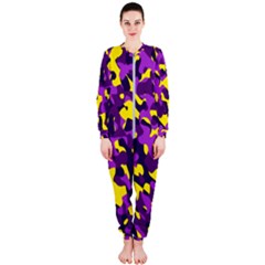 Purple And Yellow Camouflage Pattern Onepiece Jumpsuit (ladies)  by SpinnyChairDesigns