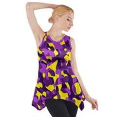 Purple And Yellow Camouflage Pattern Side Drop Tank Tunic by SpinnyChairDesigns