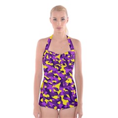 Purple And Yellow Camouflage Pattern Boyleg Halter Swimsuit  by SpinnyChairDesigns