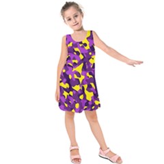 Purple And Yellow Camouflage Pattern Kids  Sleeveless Dress by SpinnyChairDesigns