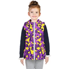 Purple And Yellow Camouflage Pattern Kids  Hooded Puffer Vest by SpinnyChairDesigns