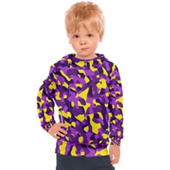 Purple And Yellow Camouflage Pattern Kids  Hooded Pullover by SpinnyChairDesigns