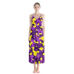 Purple And Yellow Camouflage Pattern Button Up Chiffon Maxi Dress by SpinnyChairDesigns