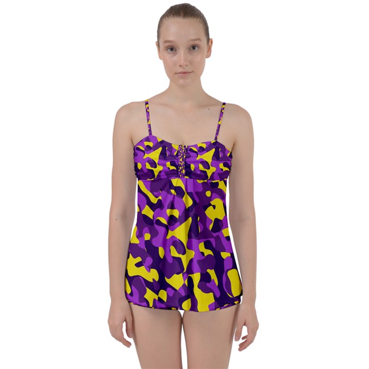 Purple and Yellow Camouflage Pattern Babydoll Tankini Set