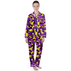 Purple And Yellow Camouflage Pattern Satin Long Sleeve Pyjamas Set by SpinnyChairDesigns