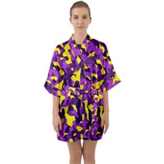Purple And Yellow Camouflage Pattern Half Sleeve Satin Kimono 