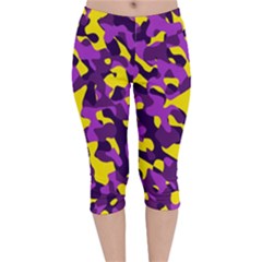 Purple And Yellow Camouflage Pattern Velvet Capri Leggings  by SpinnyChairDesigns