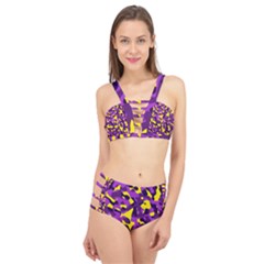 Purple And Yellow Camouflage Pattern Cage Up Bikini Set by SpinnyChairDesigns