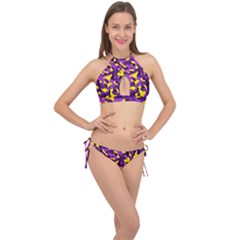 Purple And Yellow Camouflage Pattern Cross Front Halter Bikini Set by SpinnyChairDesigns