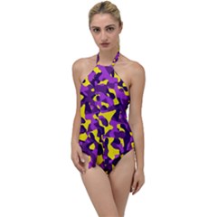 Purple And Yellow Camouflage Pattern Go With The Flow One Piece Swimsuit by SpinnyChairDesigns
