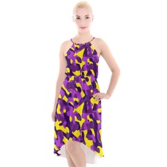 Purple And Yellow Camouflage Pattern High-low Halter Chiffon Dress 