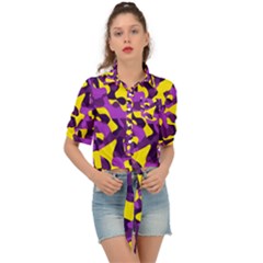 Purple And Yellow Camouflage Pattern Tie Front Shirt  by SpinnyChairDesigns