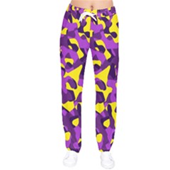 Purple And Yellow Camouflage Pattern Women Velvet Drawstring Pants by SpinnyChairDesigns