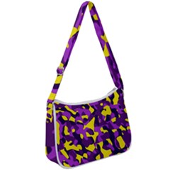 Purple And Yellow Camouflage Pattern Zip Up Shoulder Bag by SpinnyChairDesigns