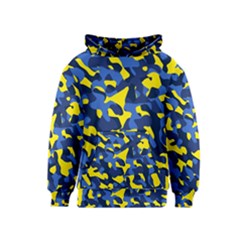 Blue And Yellow Camouflage Pattern Kids  Pullover Hoodie by SpinnyChairDesigns