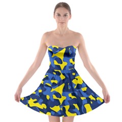 Blue And Yellow Camouflage Pattern Strapless Bra Top Dress by SpinnyChairDesigns