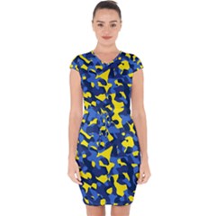 Blue And Yellow Camouflage Pattern Capsleeve Drawstring Dress  by SpinnyChairDesigns