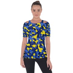 Blue And Yellow Camouflage Pattern Shoulder Cut Out Short Sleeve Top by SpinnyChairDesigns