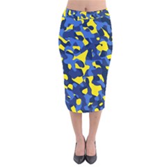 Blue And Yellow Camouflage Pattern Velvet Midi Pencil Skirt by SpinnyChairDesigns