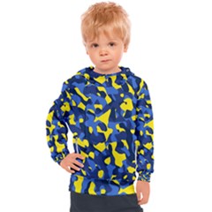 Blue And Yellow Camouflage Pattern Kids  Hooded Pullover by SpinnyChairDesigns