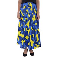 Blue And Yellow Camouflage Pattern Flared Maxi Skirt by SpinnyChairDesigns