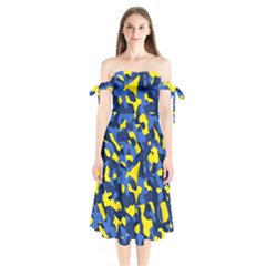 Blue And Yellow Camouflage Pattern Shoulder Tie Bardot Midi Dress