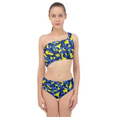 Blue And Yellow Camouflage Pattern Spliced Up Two Piece Swimsuit by SpinnyChairDesigns