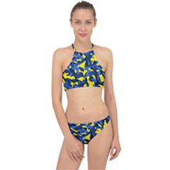 Blue And Yellow Camouflage Pattern Racer Front Bikini Set by SpinnyChairDesigns