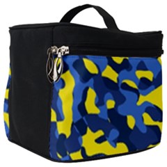 Blue And Yellow Camouflage Pattern Make Up Travel Bag (big) by SpinnyChairDesigns