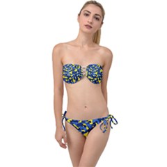 Blue And Yellow Camouflage Pattern Twist Bandeau Bikini Set by SpinnyChairDesigns