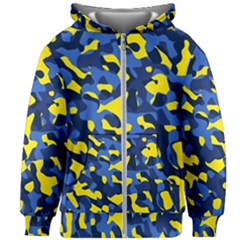 Blue And Yellow Camouflage Pattern Kids  Zipper Hoodie Without Drawstring by SpinnyChairDesigns