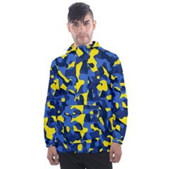 Blue And Yellow Camouflage Pattern Men s Front Pocket Pullover Windbreaker by SpinnyChairDesigns