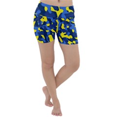 Blue And Yellow Camouflage Pattern Lightweight Velour Yoga Shorts by SpinnyChairDesigns