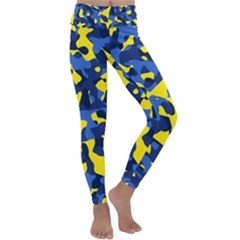 Blue And Yellow Camouflage Pattern Kids  Lightweight Velour Classic Yoga Leggings by SpinnyChairDesigns