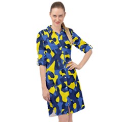 Blue And Yellow Camouflage Pattern Long Sleeve Mini Shirt Dress by SpinnyChairDesigns