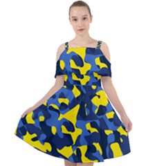 Blue And Yellow Camouflage Pattern Cut Out Shoulders Chiffon Dress by SpinnyChairDesigns