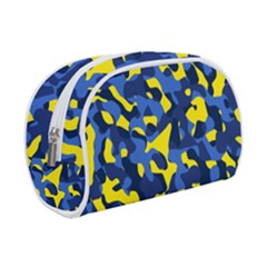 Blue And Yellow Camouflage Pattern Makeup Case (small) by SpinnyChairDesigns